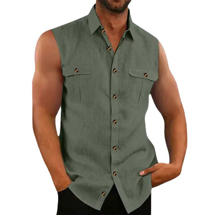 Sleeveless chambray shirt for men with chest pockets and button details Lune London