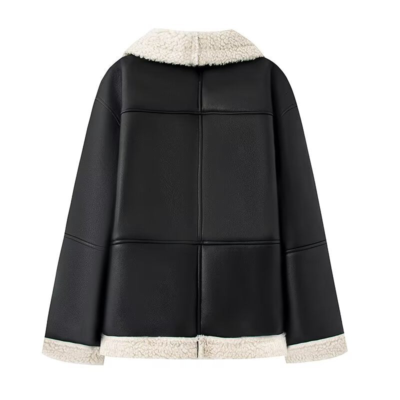 Leatherette jacket for women with warm Sherpa lining and practical pockets Lune London