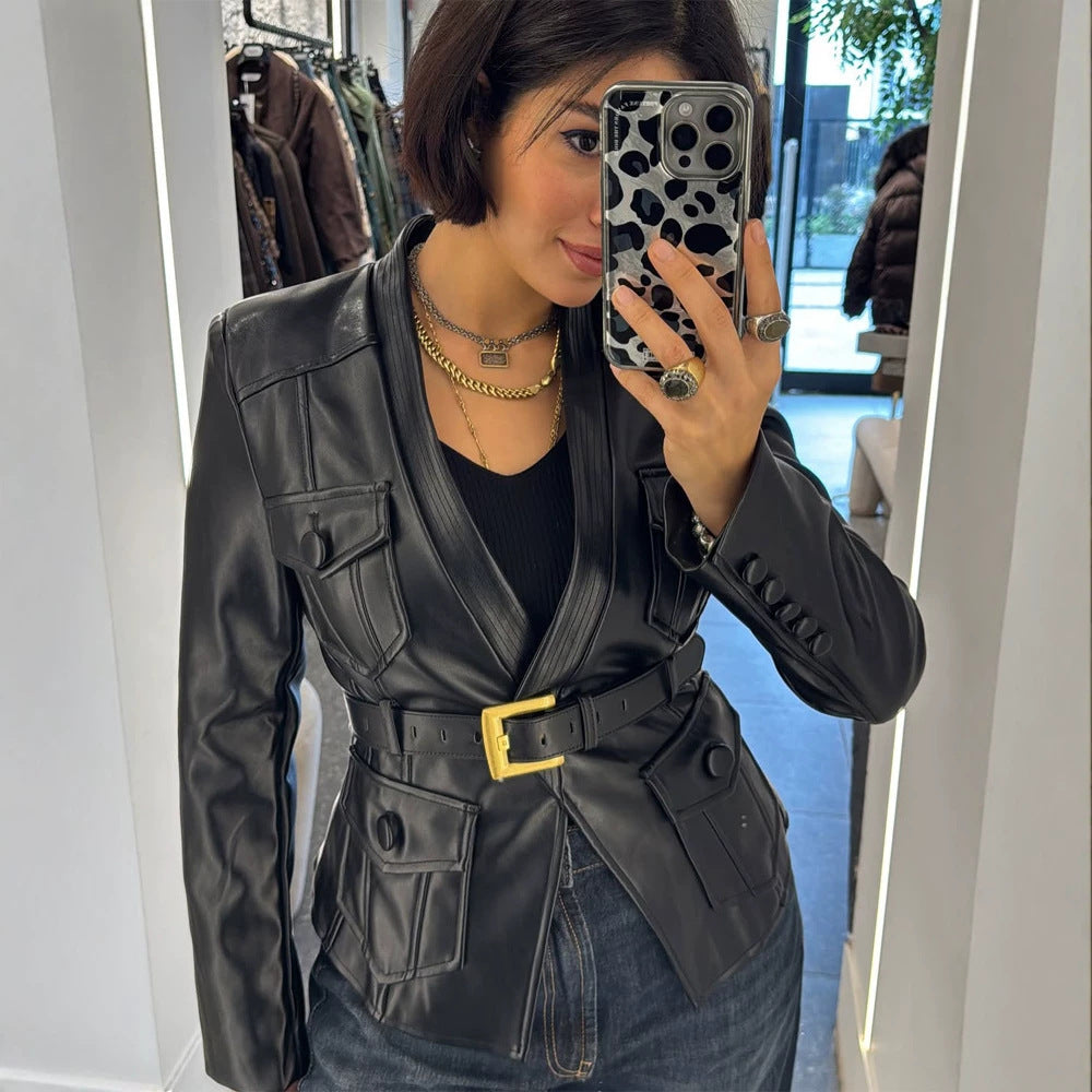 Women's Tailored Leather Blazer in Corset Style with Wide Buckle Belt and Flap Pockets Amarae