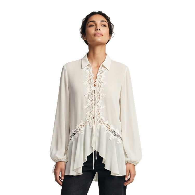Women Transparent Chiffon Blouse with Lace Trim, Tie Band & Asymmetrical Ruffle Hem Amarae