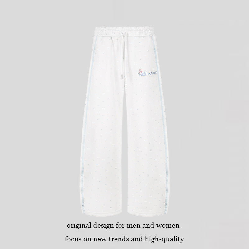 Women's Extra Wide Palazzo Sweatpants in Polka Dot Design with Elastic Comfort Waistband and Side Contrast Stripes Amarae