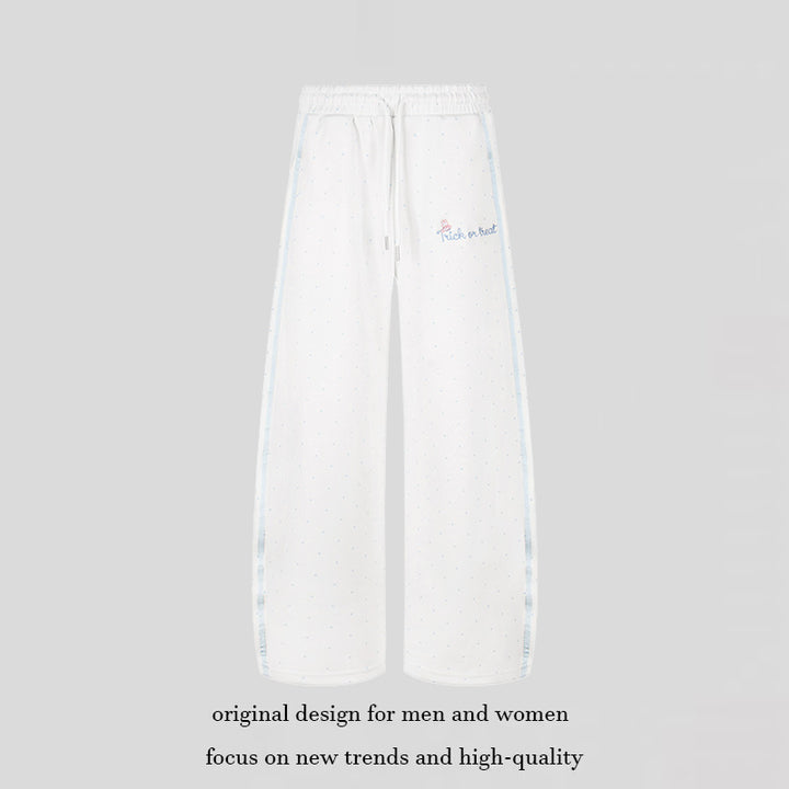 Women's Extra Wide Palazzo Sweatpants in Polka Dot Design with Elastic Comfort Waistband and Side Contrast Stripes Amarae