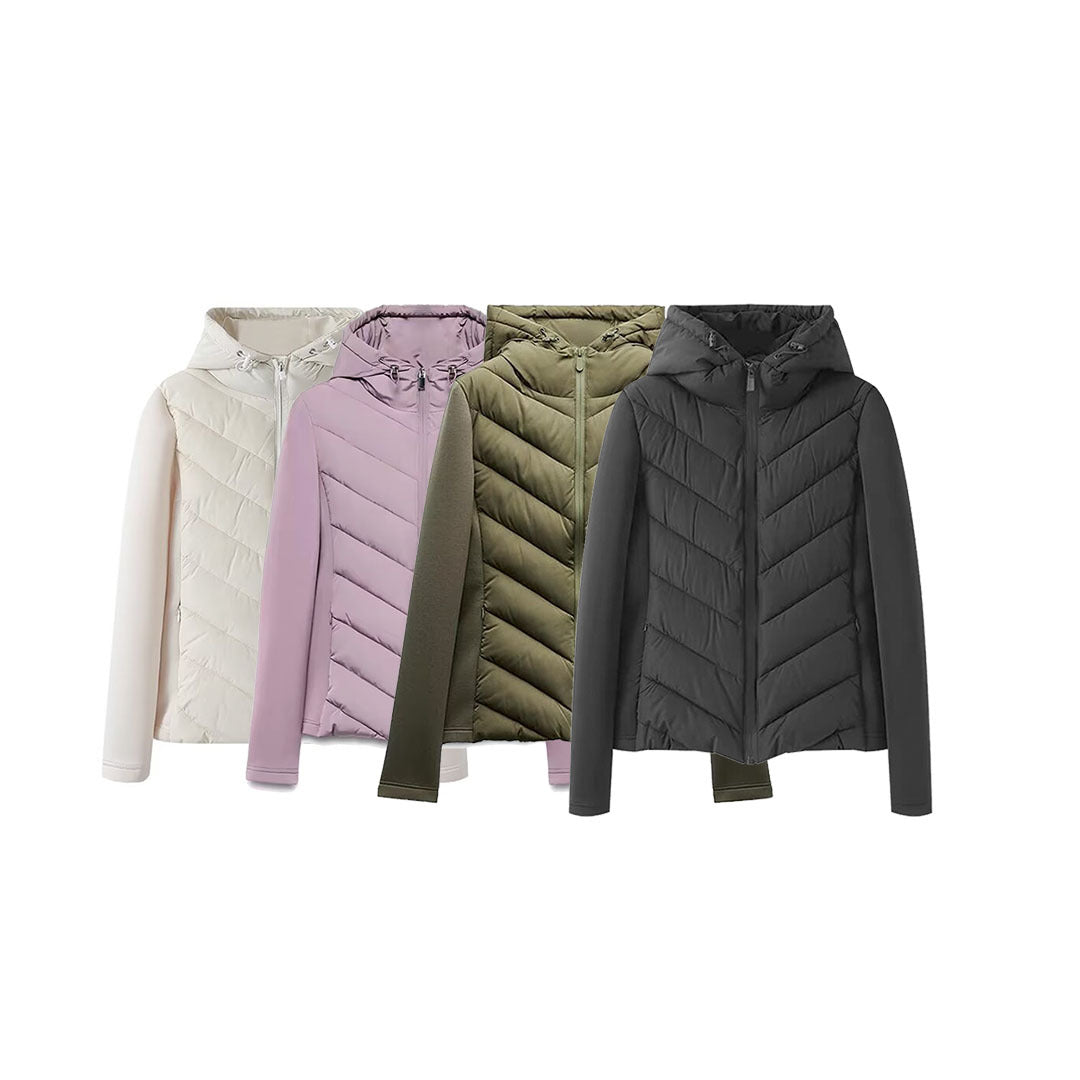 Women's hybrid quilted jacket with padding, hood, and elastic sleeve inserts Amarae