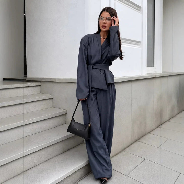 Women's Elegant Wrap Blazer Set with Waist Belt and Wide Pleated Trousers Amarae