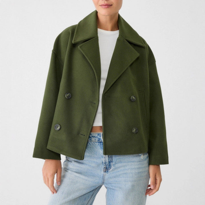 Women's Short Double-Breasted Wool Blend Peacoat with Oversized Lapels Amarae