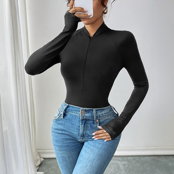 Ladies long sleeve bodys with an attractive V neckline and a chic zipper closure