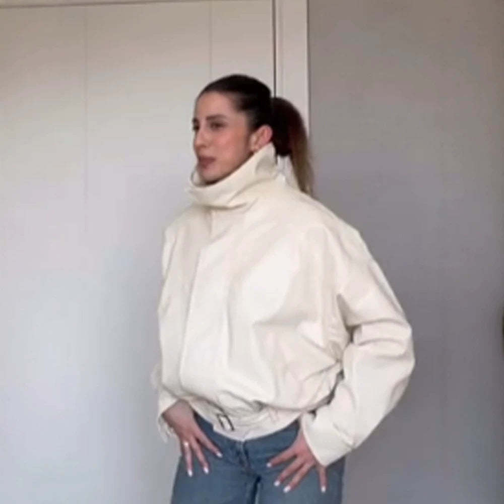 Women Oversize Short Jacket with High Standing Collar, Padded Silhouette and Adjustable Belt Amarae