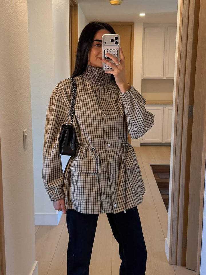 Women Checkered Waist Parka with Stand-up Collar, Drawstring, and Flap Pockets Amarae