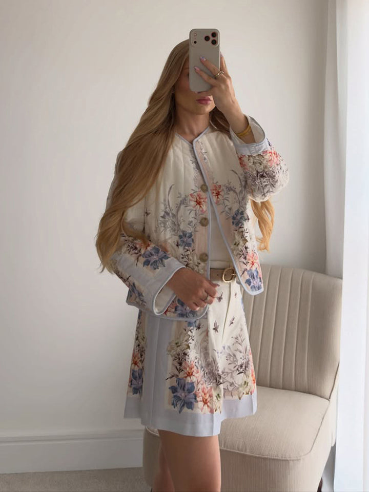 Women Two-Piece Floral Boucle Jacket and Pleated Mini Skirt Set Amarae