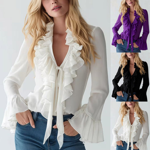 Ladies Elegant Top with Ruffles and Deep V-Neck Amarae