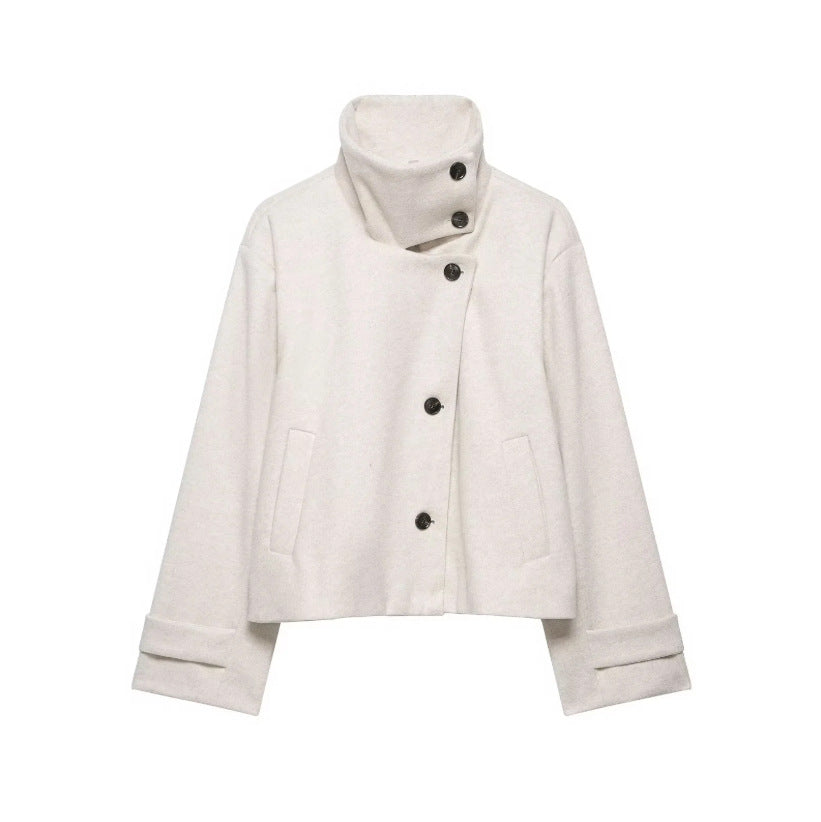 Women's Cropped Wool Blend Short Jacket with High Stand Collar, Asymmetric Button Placket and Cuffed Sleeves Amarae