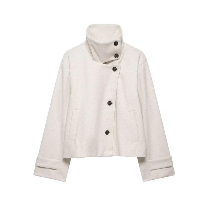 Women's Cropped Wool Blend Short Jacket with High Stand Collar, Asymmetric Button Placket and Cuffed Sleeves Amarae