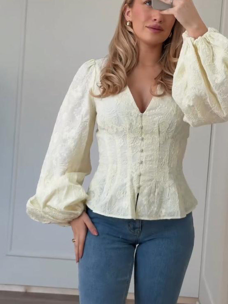 Women's Tailored Lace Blouse in Corset Style with V-Neck, Button Placket and Balloon Sleeves Amarae