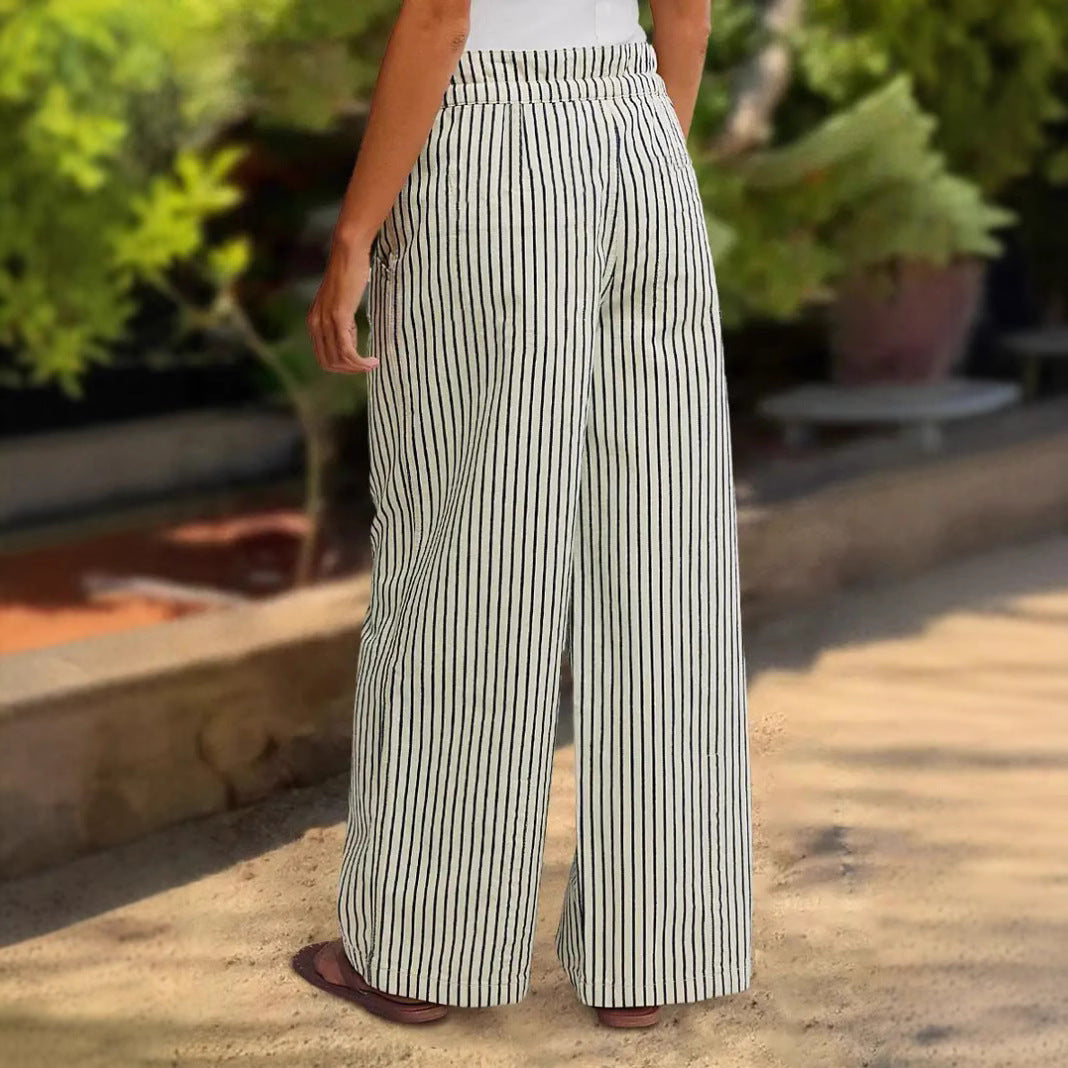 Casual wide striped pants for women with elastic waistband and tie belt Lune London