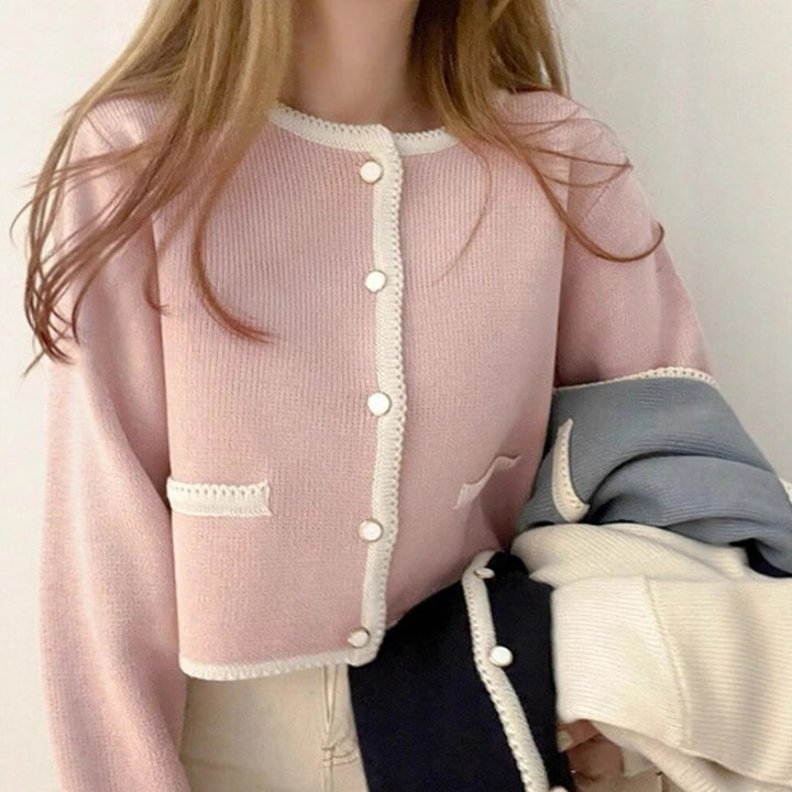 Women Knitted Short Cardigan with Beaded Collar and Pockets Lune London