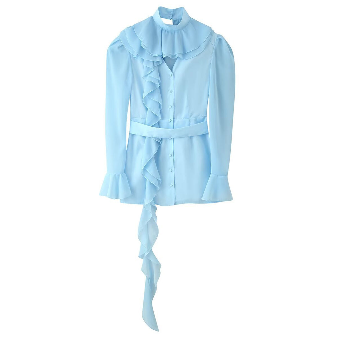 Ladies ruffle blouse with stand-up collar, ruffle details and waist belt Amarae
