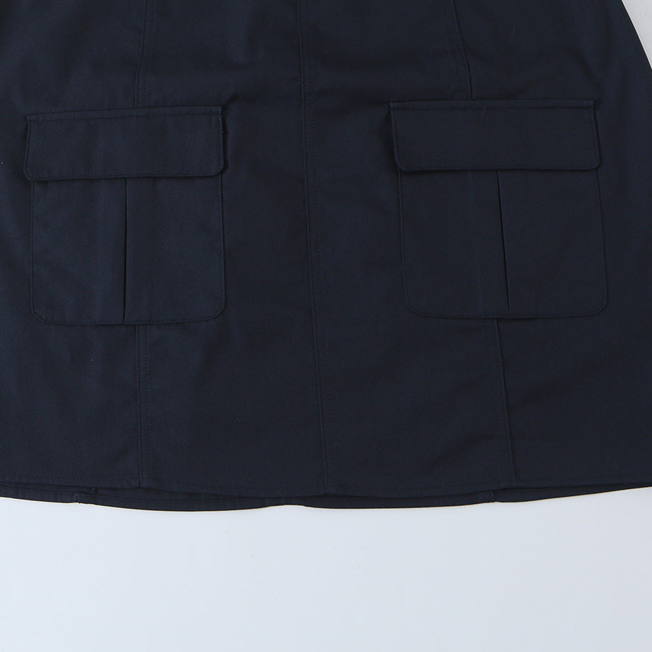 Ladies sleeveless sheath dress with front lacing, stand-up collar and patch pockets Amarae