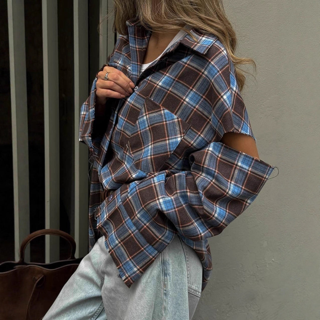 Women checked oversized shirt jacket with cut-out sleeves and raw hem Amarae