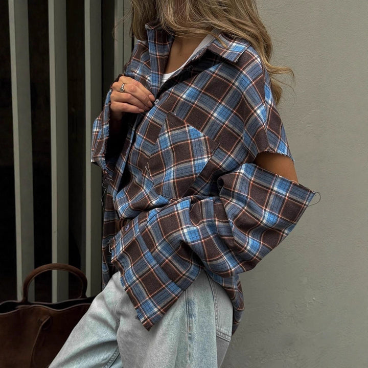 Women checked oversized shirt jacket with cut-out sleeves and raw hem Amarae
