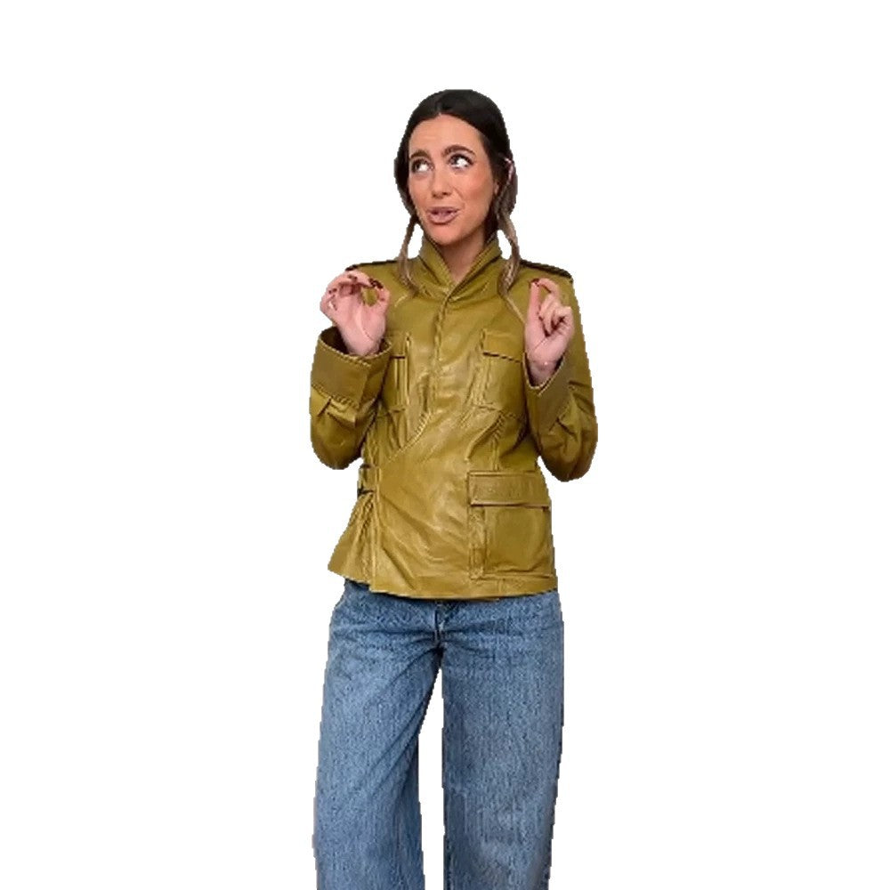 Women's Faux Leather Utility Jacket with Stand-up Collar, Chest Pockets & Concealed Zipper Amarae