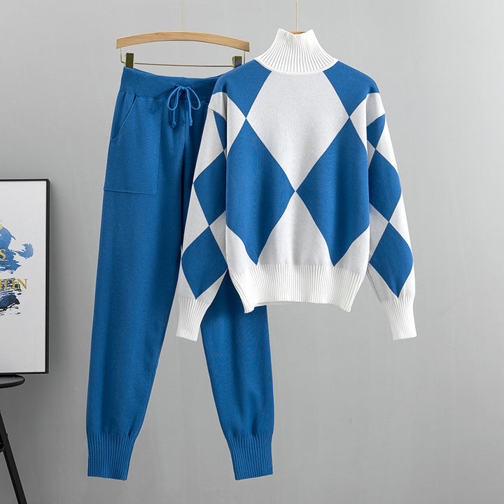 Knit set for women with a modern diamond pattern and a high collar Lune London