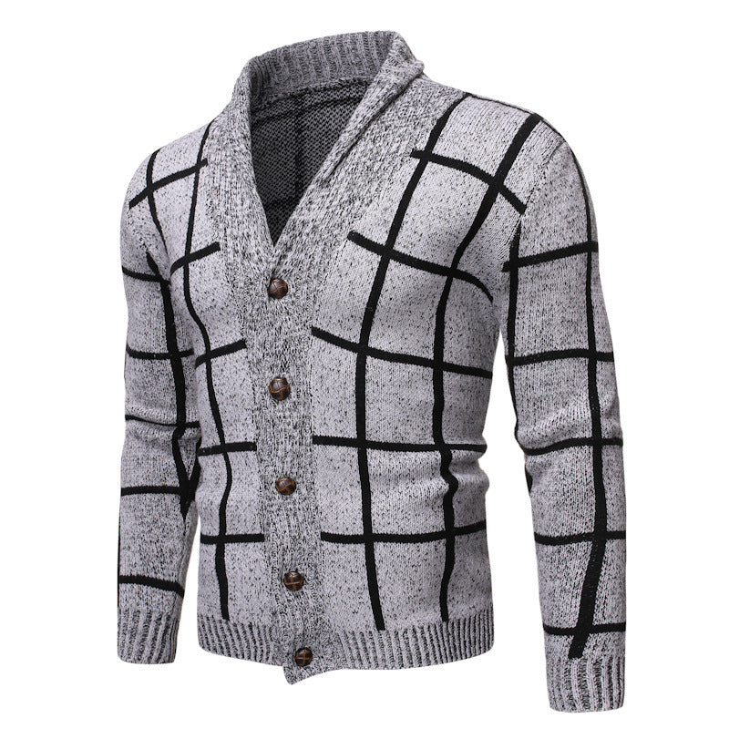 Men's knitted V-neck jacket with a modern plaid pattern Lune London