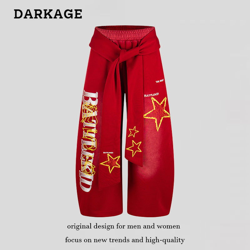 Ladies Wide Palazzo Culotte Pants with Integrated Tie Belt and Star Graphic Amarae
