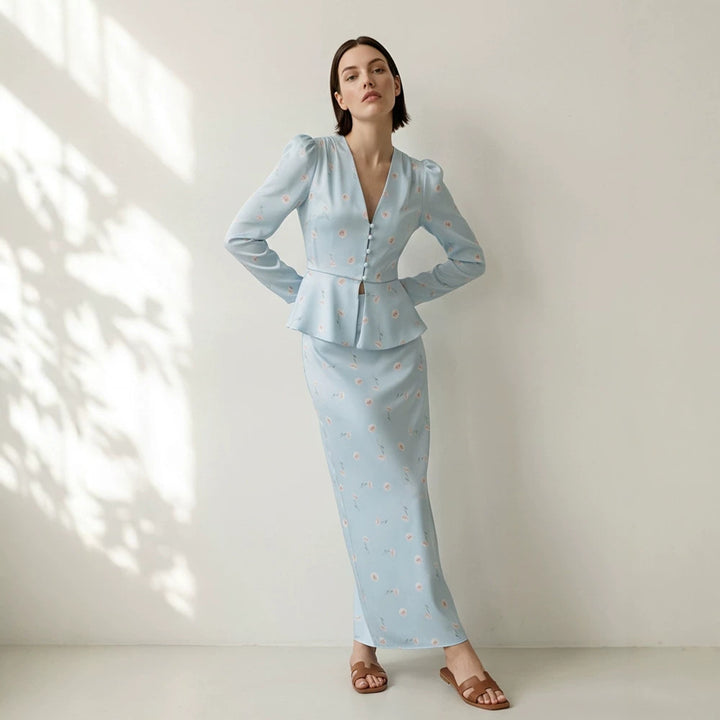 Women's Two-Piece Tailored Blouse and Maxi Skirt Set with V-Neck and Button Details Amarae