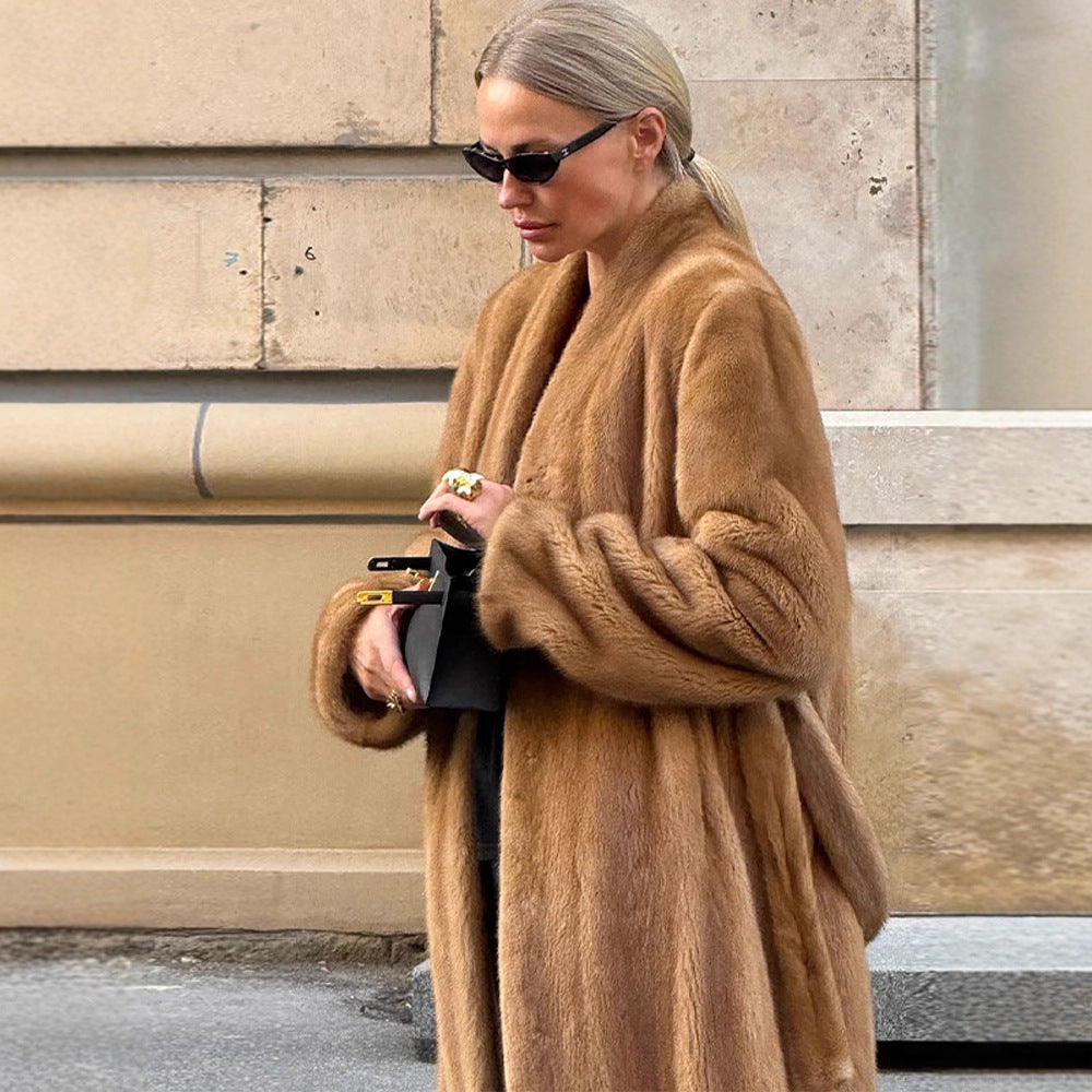 Women Luxurious Long Fur Coat with Shawl Collar and Flattering Oversize Cut Amarae