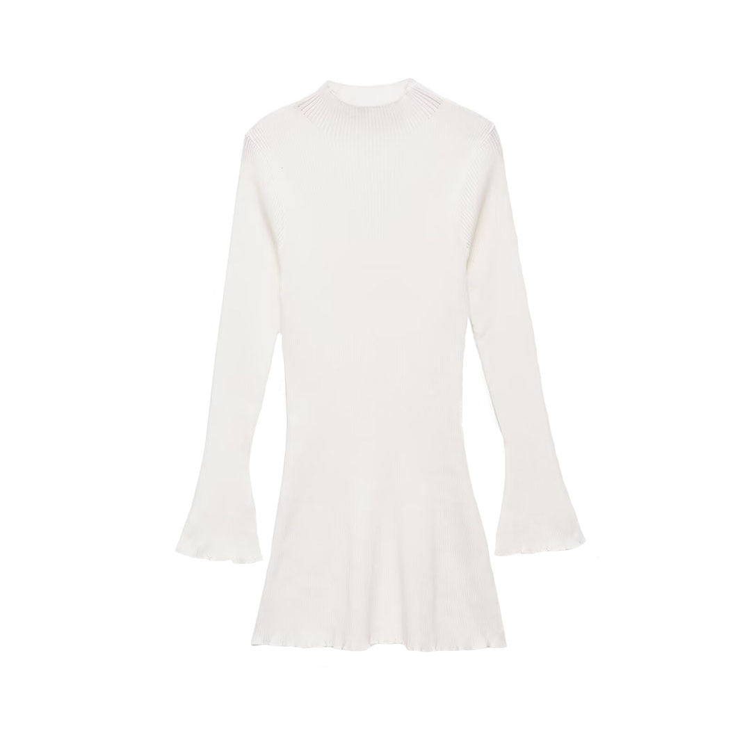Women's fine knit mini dress with high collar, flared hem, and bell sleeves Amarae