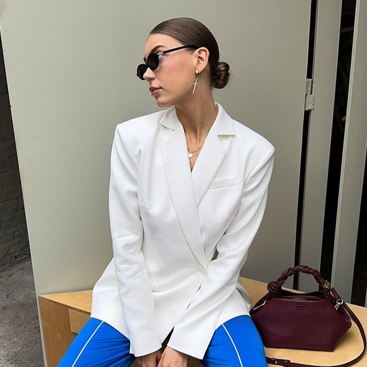 Women Sculptural Tailored Blazer with Asymmetric Front and Accentuated Shoulder Amarae