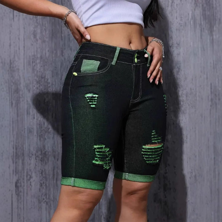 High-waisted distressed denim shorts for women with neon accents Chic & Stil
