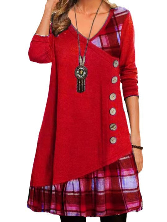 Asymmetrical casual dress for women with checkered hem and button detail Lune London