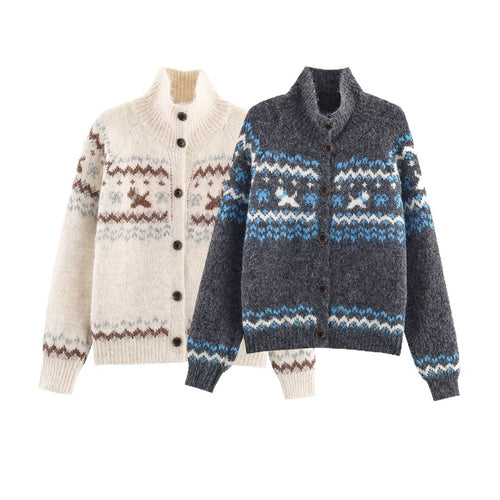 Knitted jacket for women with traditional pattern and high collar Amarae