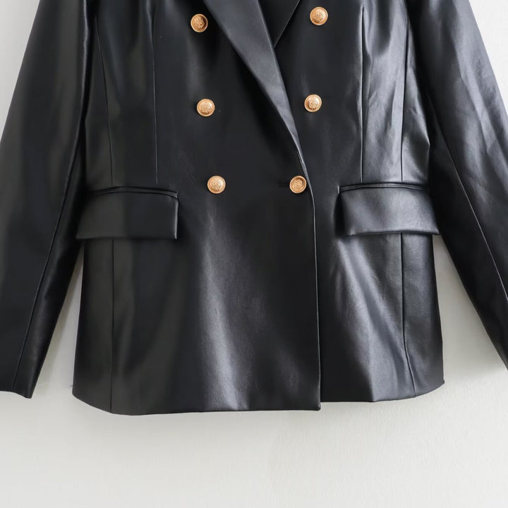 Women's Double-Breasted Faux Leather Blazer with Gold Decorative Buttons and Flap Pockets Amarae