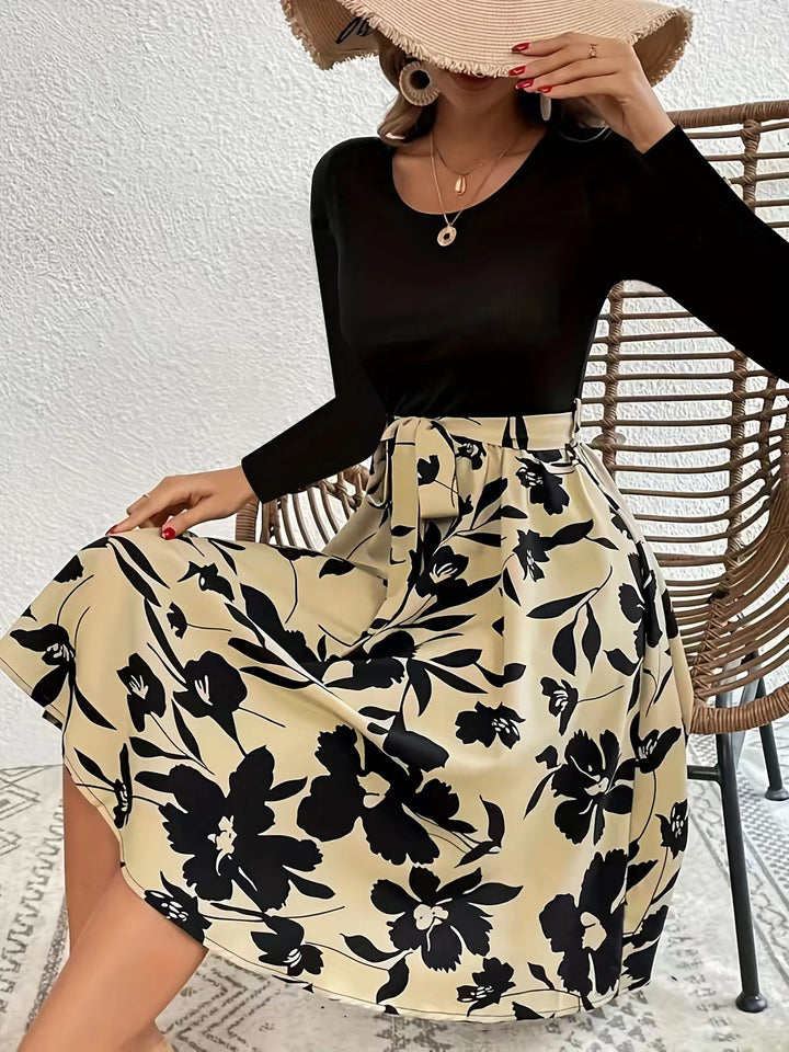 Ladies Elegant Midi Dress with Floral Print and Smocked Top Lune London