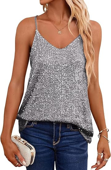 Women's Sparkling Spaghetti Strap Top with V-Neck and Shimmering Details Lune London