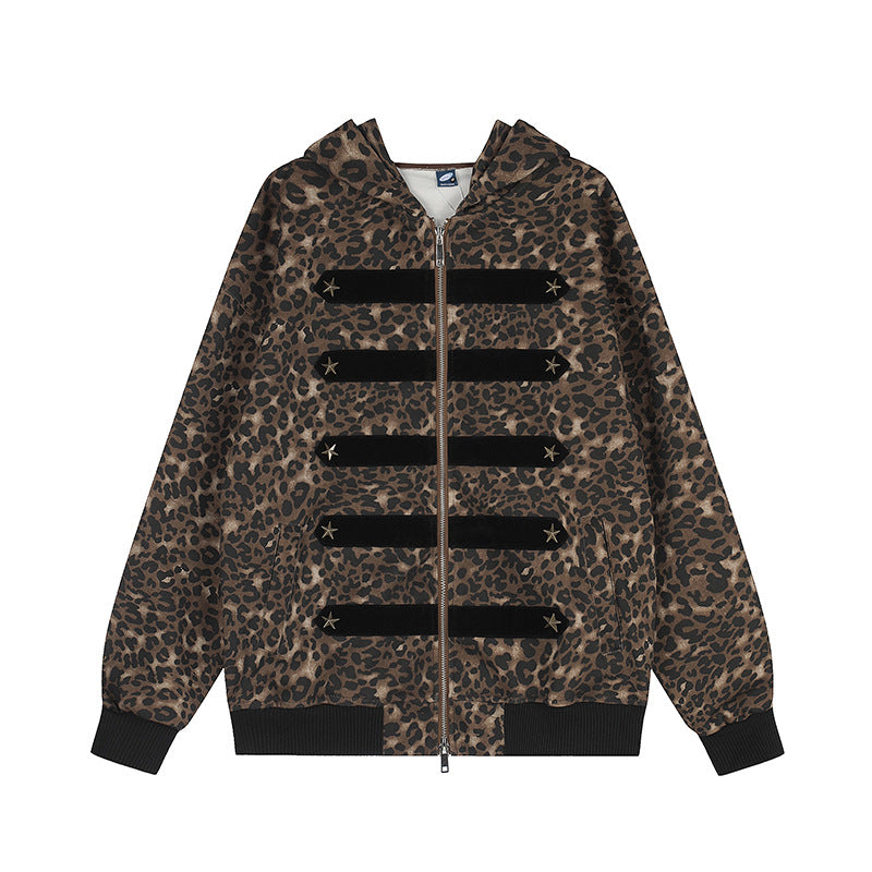 Women's hooded sweat jacket with leopard pattern, velour stripes and star studs Amarae