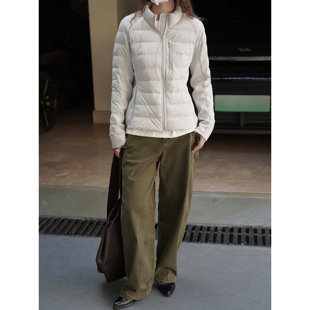 Women Short Quilted Jacket with High Collar and Two-Way Zipper Amarae