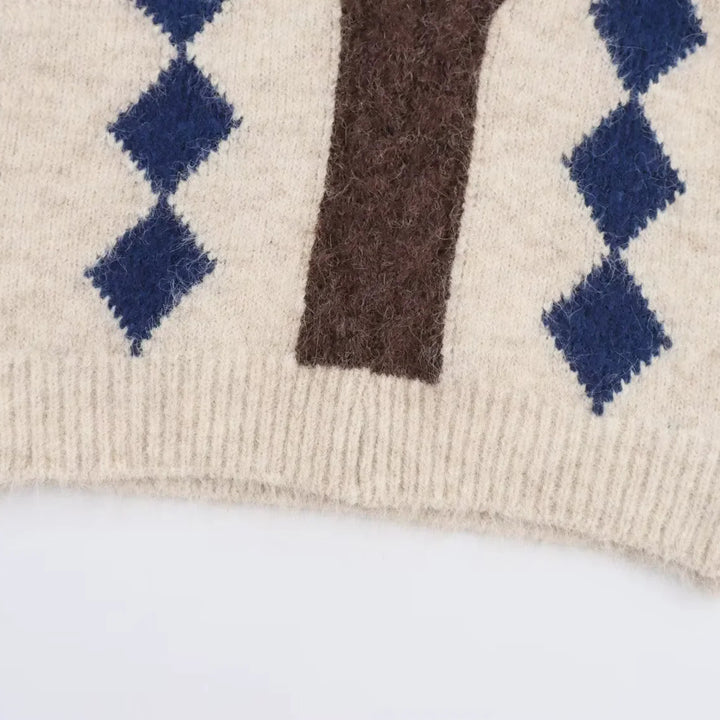 Women's Argyle Knit Vest with V-Neck and Fluffy Mohair Look Amarae