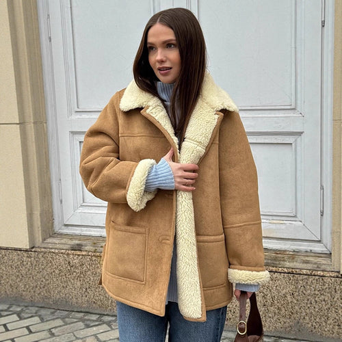 Women's Boxy Lambskin Look Coat with Folded Teddy Collar Amarae
