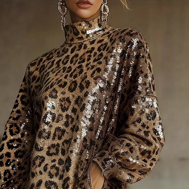 Women Glittering Short Dress with Leopard Pattern and Fringes Chic & Stil