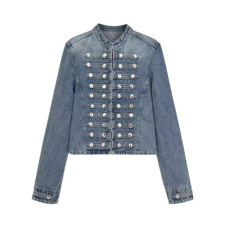 Women's military-style jeans jacket with stand-up collar and decorative button plackets Amarae