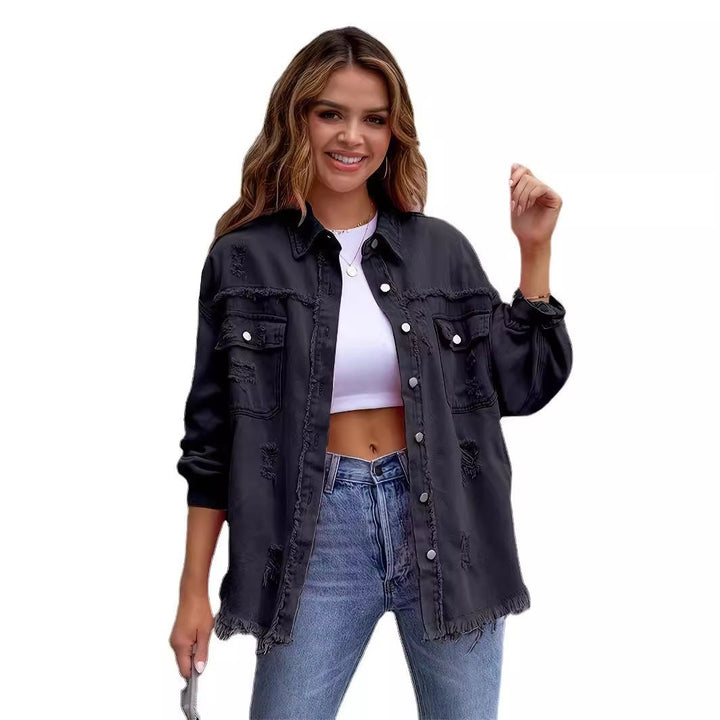 Oversized denim jacket for women with frayed edges and patch pockets Lune London