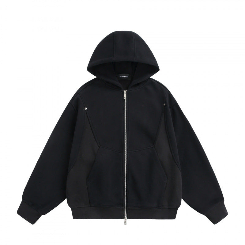 Unisex Boxy Hoodie Jacket with Two-Way Zipper and Geometric Seam Details Amarae