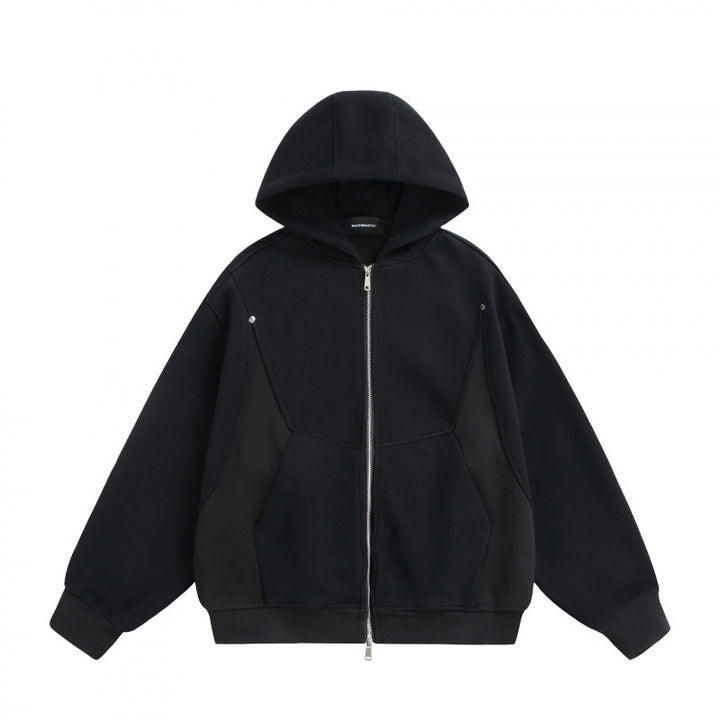 Unisex Boxy Hoodie Jacket with Two-Way Zipper and Geometric Seam Details Amarae