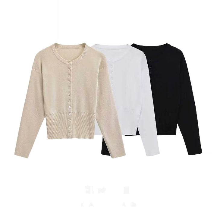 Women's Short Fine Knit Cardigan with Tailored Ribbed Waistband and Continuous Button Placket Amarae
