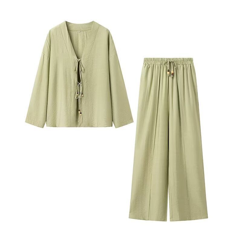 Ladies Lightweight Two-Piece Lounge Set with V-Neck and Loose Elastic Waist Pants Amarae