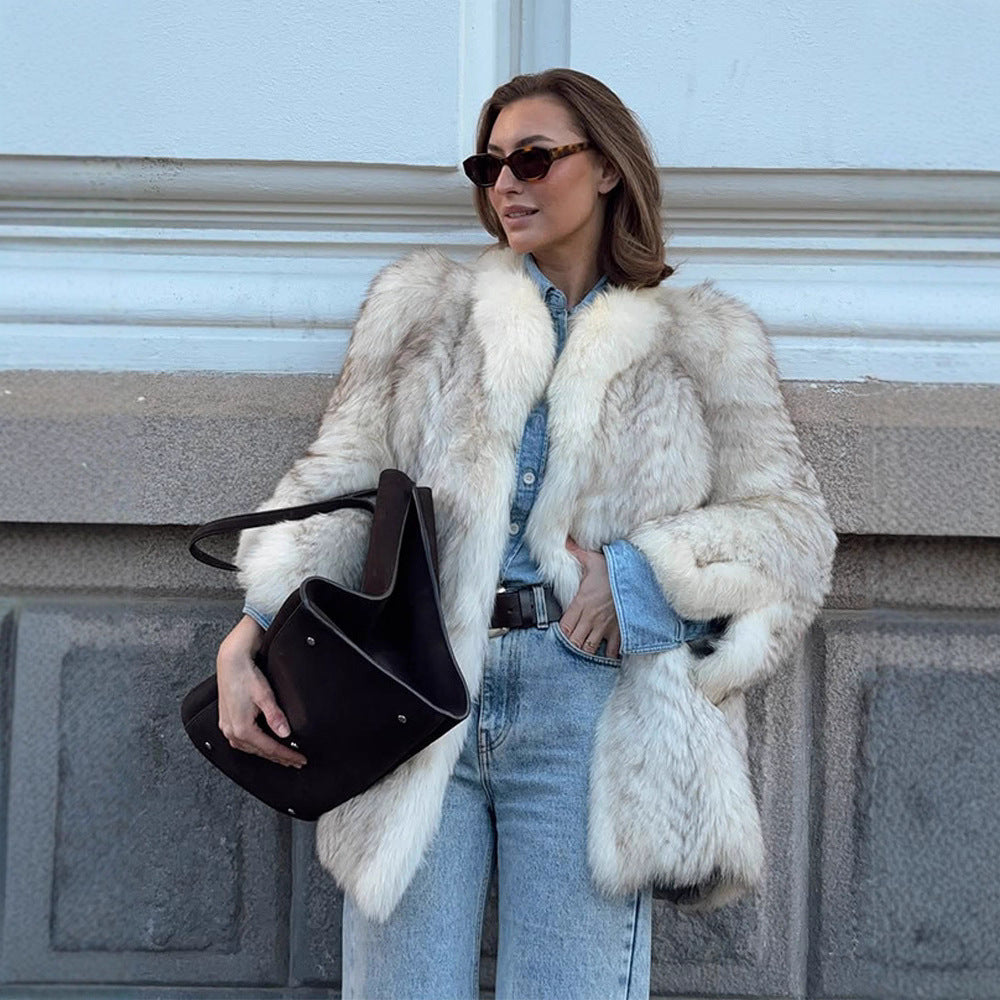 Women's Boxy Faux Fur Jacket with Textured Shag Look and Voluminous Shawl Collar Amarae
