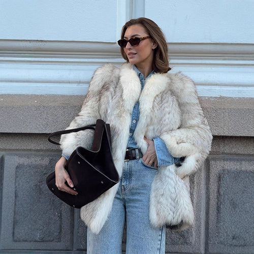 Women's Boxy Faux Fur Jacket with Textured Shag Look and Voluminous Shawl Collar Amarae
